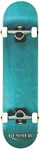The Renner Pro Series Blue Complete Skateboard - 7.75" x 31" features a smooth wooden finish, crafted from 7 Ply Canadian Maple. It is equipped with white wheels and ABEC 9 bearings, paired with silver trucks. The deck showcases a subtle wood grain texture and proudly displays the "Renner" brand in white near the end for a sleek and stylish look.