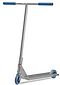 The Aztek Siren Complete Street Stunt Scooter in Grey features blue handlebar grips and wheels, a sturdy T-shaped handlebar, and a textured foot deck—ideal for stunt scooter fans seeking style and durability.