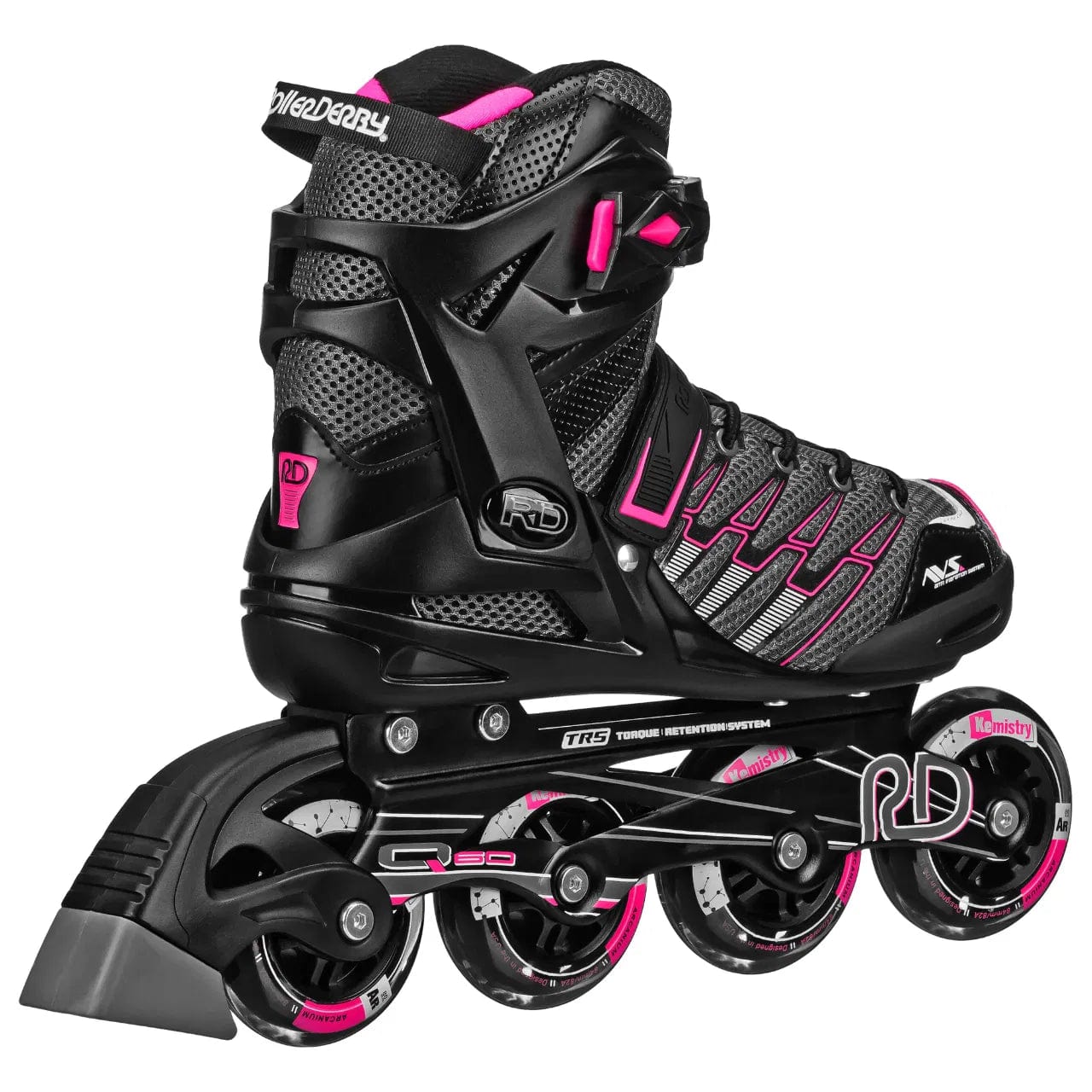 The Roller Derby Aerio V2 Q-60 Womens Inline Skates in Black/Pink feature four wheels, a high ankle boot with mesh panels, adjustable straps, comfort memory padding, and pink and silver Roller Derby logos on the boot and wheels.