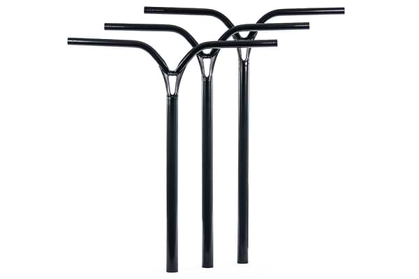 Three Ethic DTC Deildegast V2 Steel Oversized HIC Stunt Scooter Bars in Black Mirror (720mm x 600mm) stand upright against a white background.