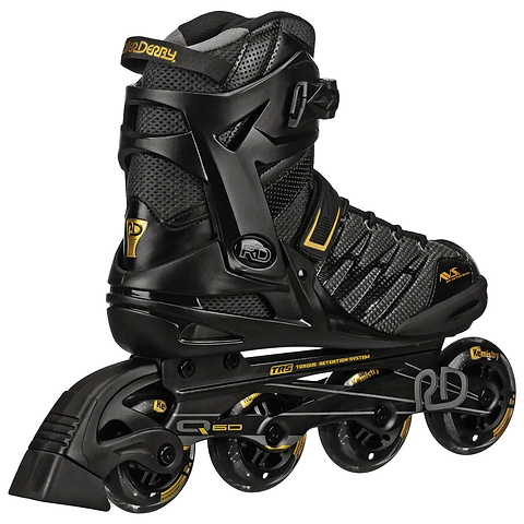 The Roller Derby Aerio V2 Q-60 Men's Inline Skates in black/gold feature four 80mm Elite speed wheels, a sturdy cuff, mesh padding, and secure straps for style and performance. Branding accents highlight the boot and frame.