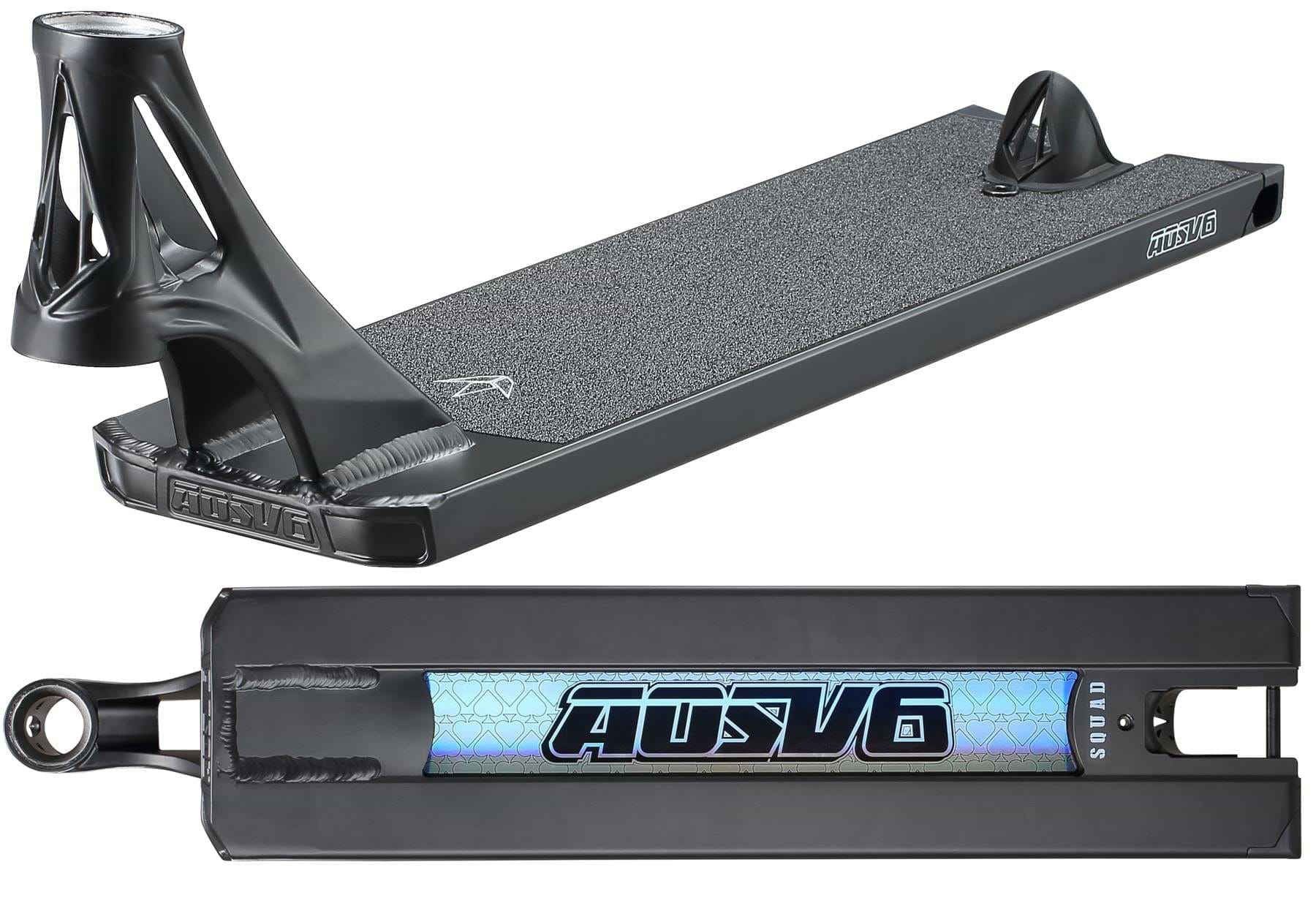 The Blunt Envy AOS V6 Squad Black Stunt Scooter Deck (5.5" x 22") is shown from two angles: the top reveals its textured standing surface, while the bottom features the holographic "AOSV6" logo.