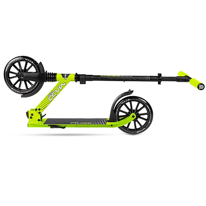 The Madd Gear Metro Cruise 250 Foldable Commuter Scooter by MGP in Black/Lime features large wheels, an adjustable handlebar, and a compact side-fold design—ideal for commuting.