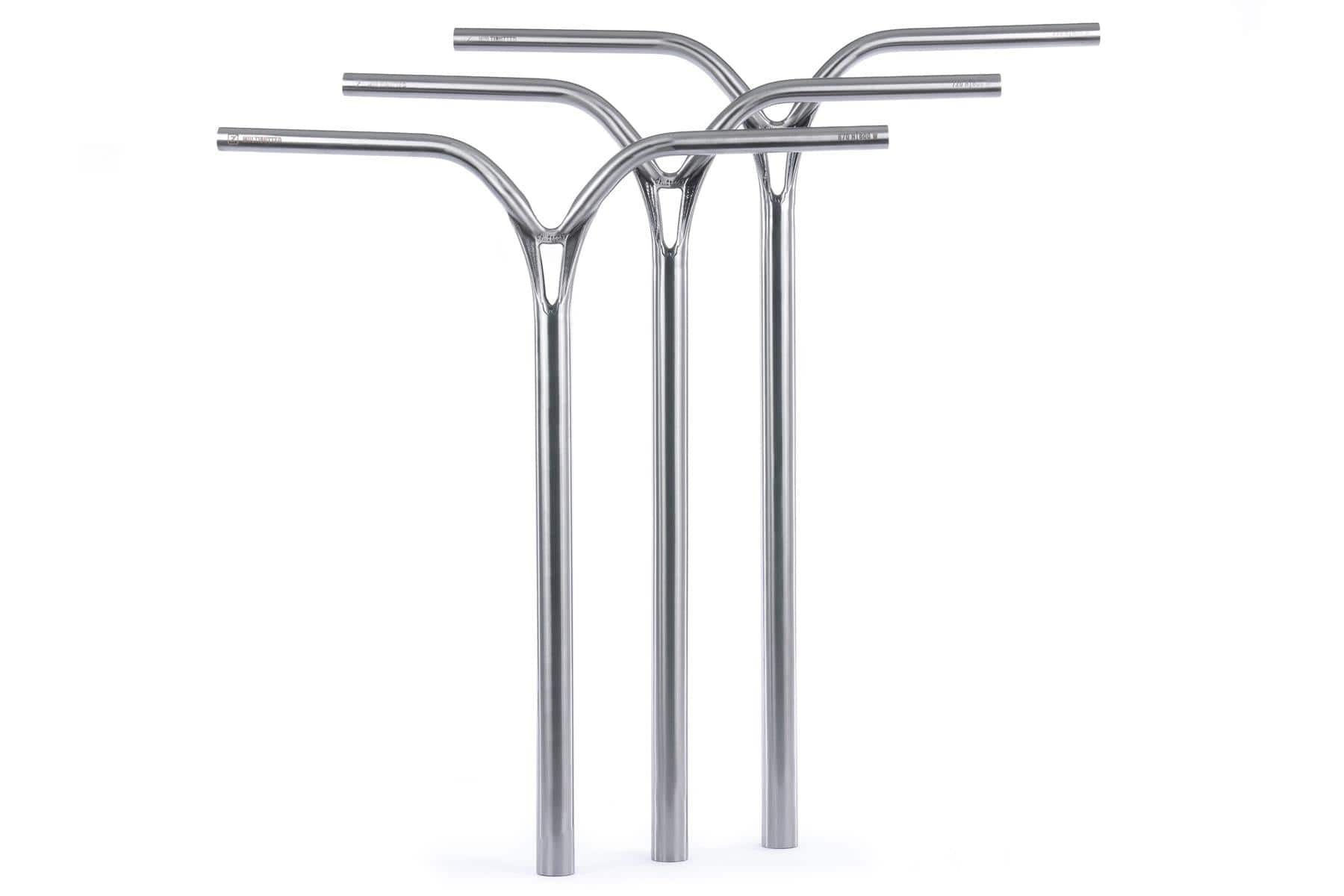 Three Ethic DTC Deildegast V2 Steel Oversized HIC Stunt Scooter Bars in Raw Silver (720mm x 600mm) stand upright against a white background, highlighting their Y-shaped design and HIC compression compatibility.