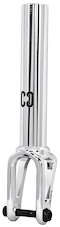 The CORE Aura SCS/HIC Stunt Scooter Forks in Chrome feature a shiny silver 7075 aluminium build with a cylindrical tube, curved lower arms, vertical "CG" logo on the tube, and a visible bolt at the bottom.