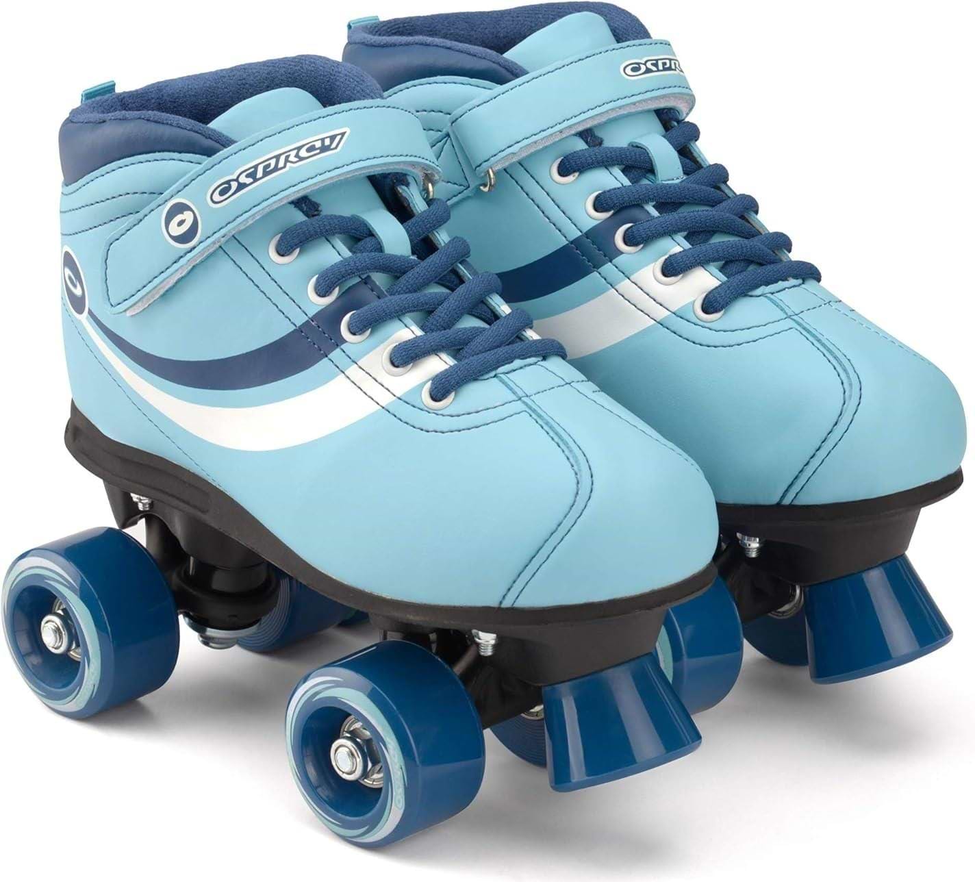 Osprey Disco Quad Roller Skates - Blue by Osprey feature white accents, blue laces, adjustable ankle straps, four blue wheels per skate, a black sole with front stopper—ideal for indoor and outdoor skating.