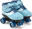 Osprey Disco Quad Roller Skates - Blue by Osprey feature white accents, blue laces, adjustable ankle straps, four blue wheels per skate, a black sole with front stopper—ideal for indoor and outdoor skating.