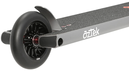 Close-up of the rear wheel and deck of the Aztek Architect 2 Complete Stunt Scooter - Space Grey, highlighting its black wheel, axle, and textured grip deck.