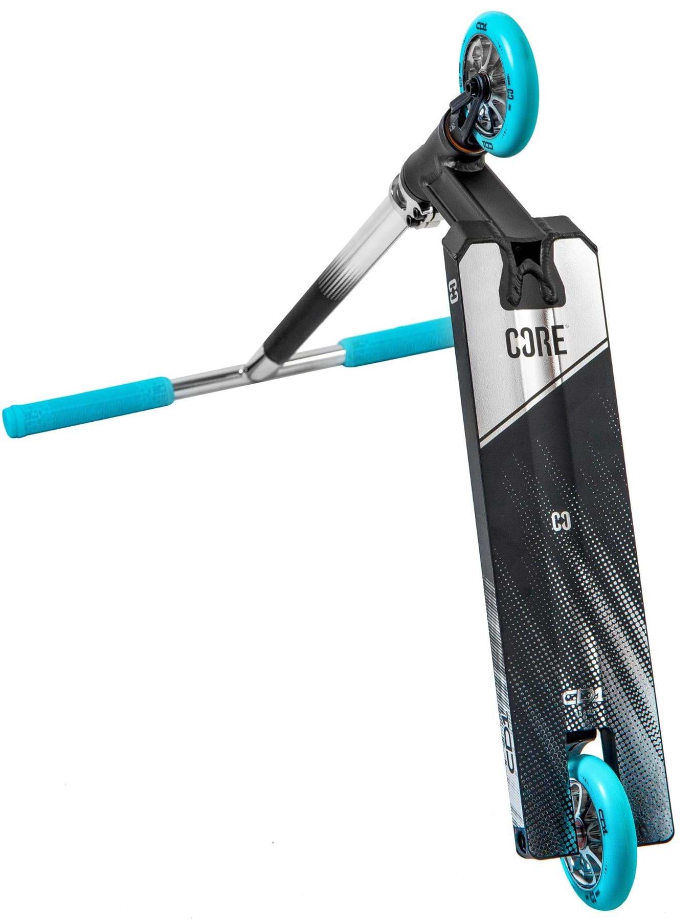 The CORE CD1 Complete Stunt Scooter in Chrome/Teal, shown diagonally to highlight its deck and front wheel with visible "CORE" branding, is perfect for beginners seeking a reliable ride.