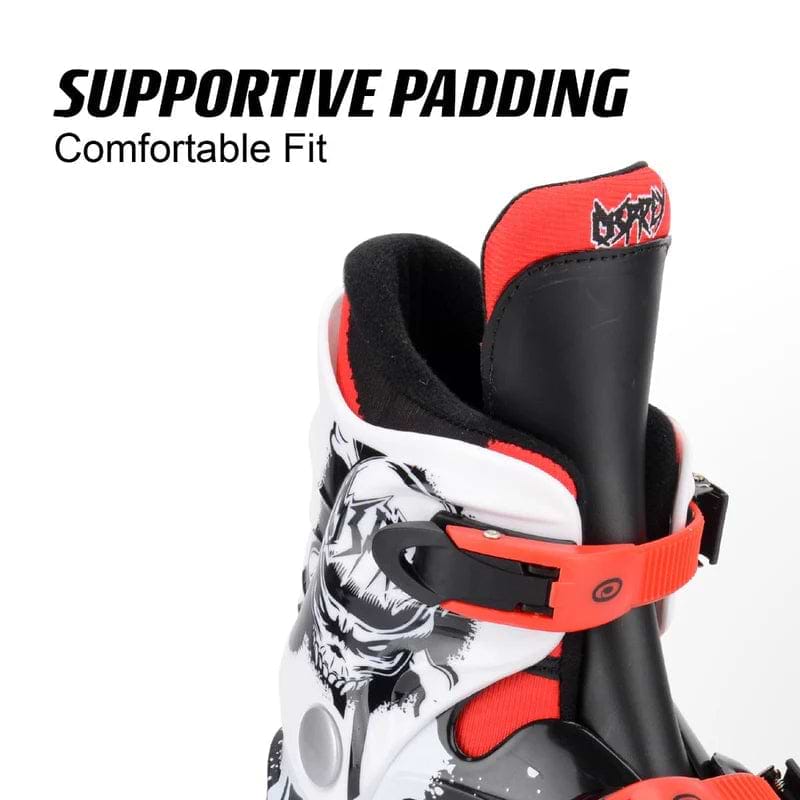 Close-up of the Osprey Skull Adjustable Quad Roller Skates - Red by Osprey, featuring thick supportive padding for a comfortable fit. Ideal for kids who want comfort and style in their roller skates.