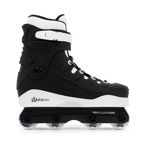 The Anarchy Revolution II Aggressive Inline Skates, designed for beginners and intermediates, feature a secure buckle and lace system. With black axles, white wheels, and "REVOLUTION" near the base, "ANARCHY" is printed on the heel in a sleek black-and-white design ideal for tricks.