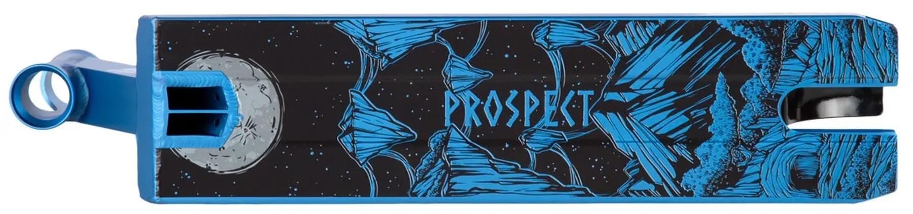 The Lucky Prospect Limited Edition Royal Blue Stunt Scooter Deck (5" x 20") by Lucky features "PROSPECT" in the center, with an illustrated moon, stars, and abstract blue mountains on a black background.