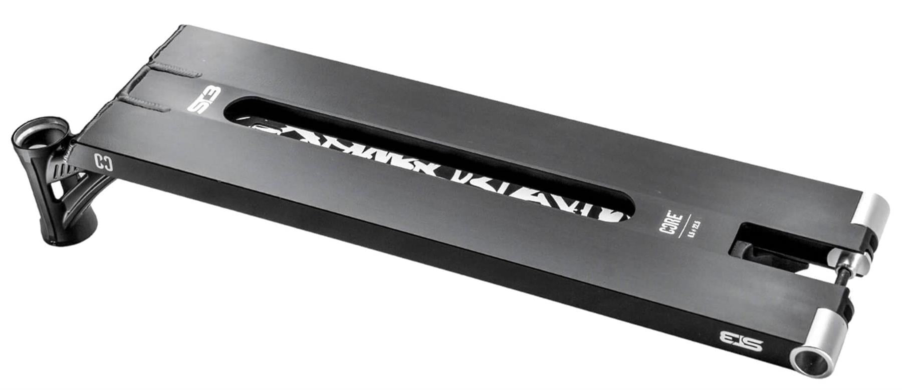 The CORE ST3 Forged Black Street Stunt Scooter Deck (6.5" x 22.5") features a hollow center, angular edges, white CORE branding, and a cut-out middle for street riding. It includes an integrated fork mount for front wheel attachment.