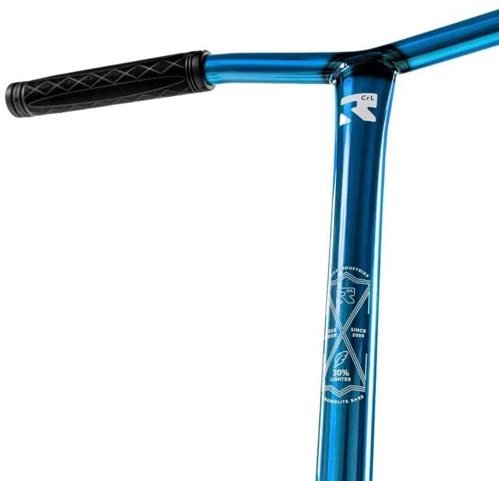 Close-up of the handlebars on the Root Industries Invictus V3 Complete Stunt Scooter - Burnt Blue, featuring black textured rubber grips and white branding details on the metal frame.