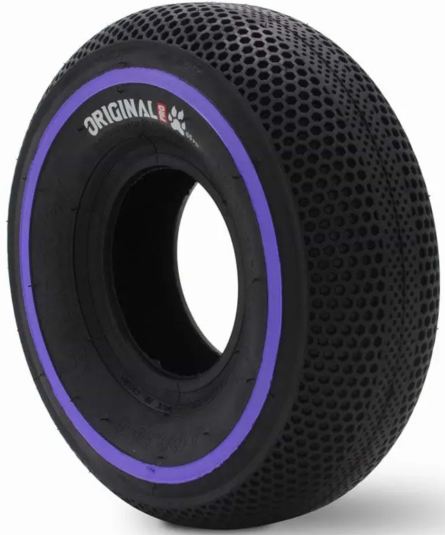 The Wildcat Original Pro 10" Mini BMX Tyre features a black honeycomb tread, a purple sidewall strip, and "ORIGINAL" in white—ideal for your Wildcat Pro Mini BMX.