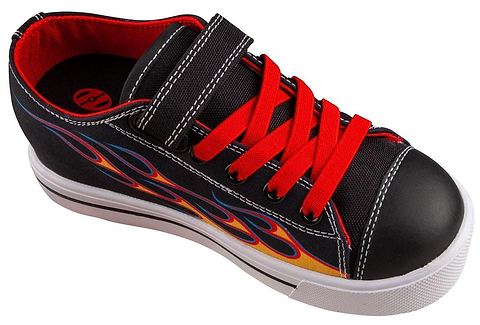 The Heelys Snazzy X2 Boys Shoes by Heelys feature a durable black canvas upper, bright red laces, Velcro strap, colorful yellow and red flame designs, stylish red inner lining, and a white sole for comfort.
