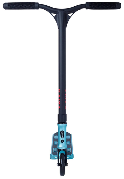 The Longway Kaiza Complete Pro Stunt Scooter by Longway in teal features black handlebars, a black stem, and a teal deck with a single front wheel—a superlight scooter ideal for skatepark tricks.