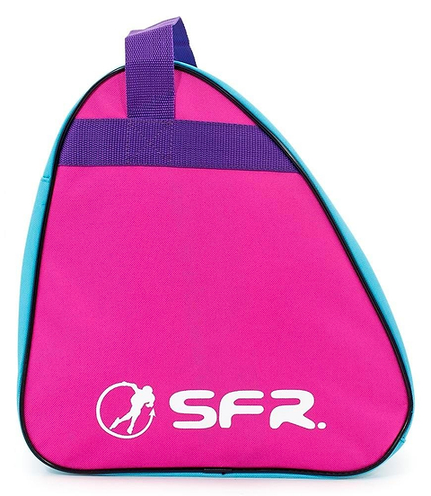 The SFR Vision Skate Bag - Pink features a striking pink and turquoise triangle design with a purple handle, adorned with "SFR" and a figure skater silhouette in white. This water-resistant skate accessory from SFR seamlessly merges style with functionality.