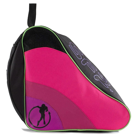 The SFR Ice & Skate Bag II - Disco by SFR highlights a brilliant pink and purple design on the front, complemented by a black silhouette depicting an expert rhythmic gymnast with a hoop. It includes black and green accents, an adjustable shoulder strap, and a practical zippered compartment for convenient storage.