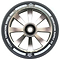 A close-up of the Revolution Twin Core 110mm Stunt Scooter Wheel - Raw shows its black and silver design, eight spokes, white "110MM TWINCORE WHEEL 88A" and "REVOLUTION SUPPLY CO." text, and a central ABEC 9 bearing for top performance.