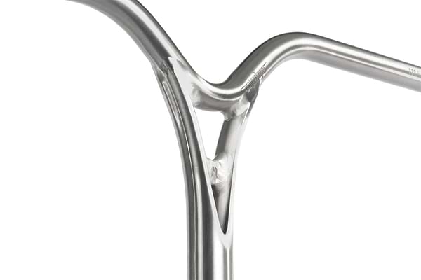Close-up of the Ethic DTC Wolpertinger Aluminium IHC Stunt Scooter Bars (Raw Silver, 720mm x 580mm) showing smooth silver tubing and precise welds by Ethic against a white background.