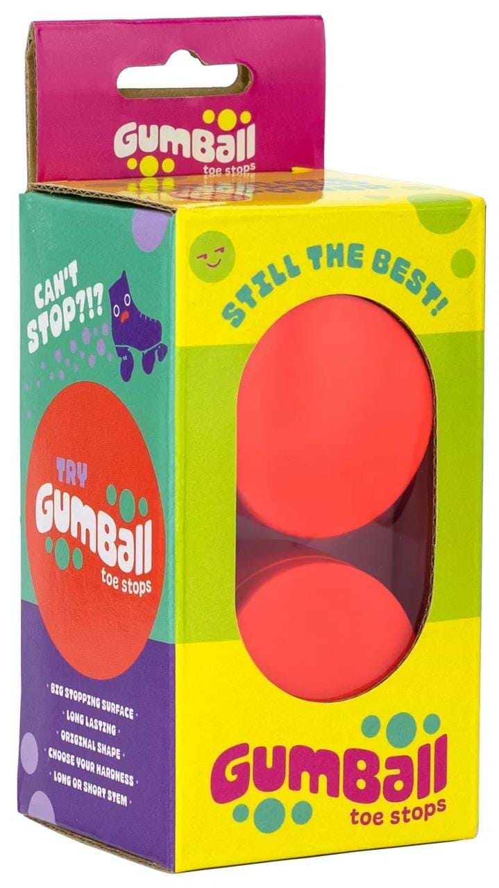 The Gumball Roller Skate Long 30mm 83A Toe Stops in Watermelon Red feature a vibrant design with long-lasting rubber for superior stopping power. The packaging highlights choices of long or short stem and hardness. Inside, two red toe stops are visible, showcasing the brand's colorful style.