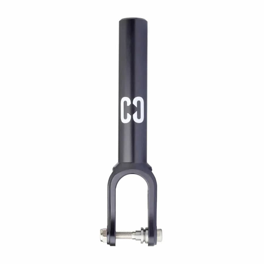 The CORE ST2 SCS/HIC Stunt Scooter Forks - Black by CORE are a top-tier scooter enhancement made from high-quality aluminum. They feature a black cylindrical stem and a U-shaped bottom, embellished with the brand's logo featuring two interlocked "C" letters in white, and come with a secure bolt for easy attachment.
