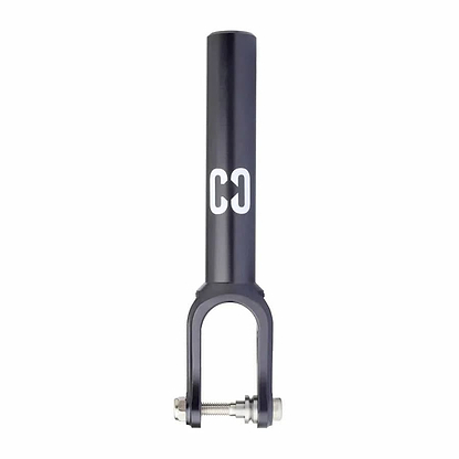 The CORE ST2 SCS/HIC Stunt Scooter Forks - Black by CORE are a top-tier scooter enhancement made from high-quality aluminum. They feature a black cylindrical stem and a U-shaped bottom, embellished with the brand's logo featuring two interlocked "C" letters in white, and come with a secure bolt for easy attachment.