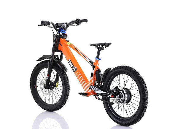 The Revvi 20" Kids Electric Balance Bike in orange is shown against a white backdrop. It boasts off-road rubber tires, a sleek frame, and black handlebars and seat, with blue and black components for stylish durability on adventurous rides.