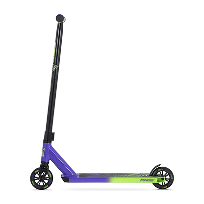 The Legacy Fade Complete Stunt Scooter - Purple / Green by Legacy features a black handlebar, purple and green deck, and black wheels—ideal for tricks and freestyle riding. Shown side-on against a white background.