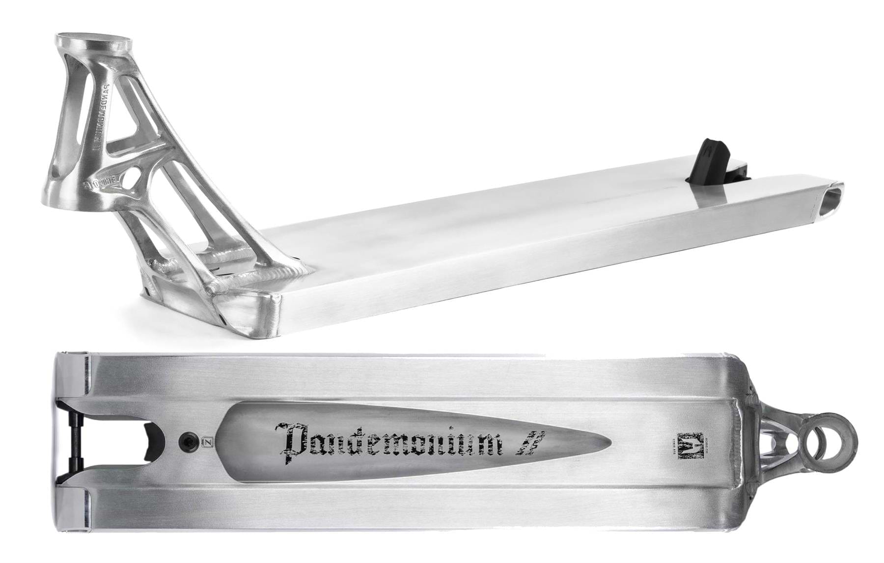 The Ethic DTC Pandemonium V2 Boxed Raw Stunt Scooter Deck (5.5" x 21.3") is shown from side and bottom views. Made from 6061-T6 aluminium, it features a cut-out "Pandemonium" engraving and an angular, open-frame neck design.
