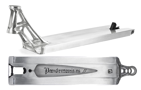 The Ethic DTC Pandemonium V2 Boxed Raw Stunt Scooter Deck (5.5" x 21.3") is shown from side and bottom views. Made from 6061-T6 aluminium, it features a cut-out "Pandemonium" engraving and an angular, open-frame neck design.