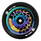 A vibrant Slamm Split Core 110mm stunt scooter wheel boasts a black outer tire and an inner core with a stunning neochrome finish, adorned with geometric cutouts. The wheel features white text that reads "110mm Split Core - 88a.