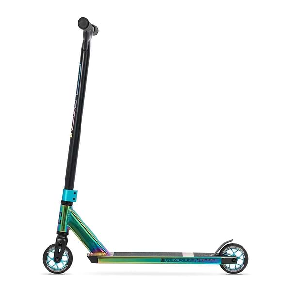 The Rampage R100A Complete Stunt Scooter - Oil Slick Neochrome features a black handlebar, blue clamp, iridescent deck, two small wheels, rear foot brake, and textured footplate for grip—ideal for your next park scooter.