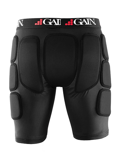 GAIN Protection "The Sleeper" Hip/Bum Skate Protection Shorts in black feature multiple thigh and hip pads, GAIN-branded waistband, and advanced impact protection—ideal for sports needing bum protection.