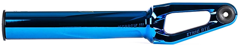 The Ethic DTC Merrow V3 8/12STD SCS Fork in Chrome Blue features a left-side cylindrical tube and right-side open cut-out design, ideal for easy wheel attachment on your stunt scooter.