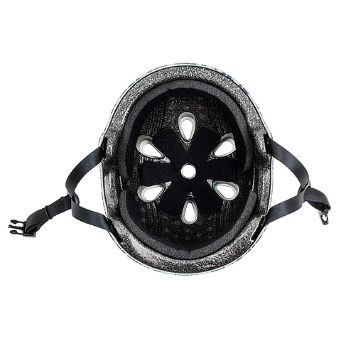 Interior view of the Slamm Logo Skate/Scooter Helmet in Grey Camo showcases black padding, ventilation holes, and an adjustable strap with a buckle, providing comfort and meeting EN1078 safety standards. Perfect for scooter riders who prioritize both style and safety.