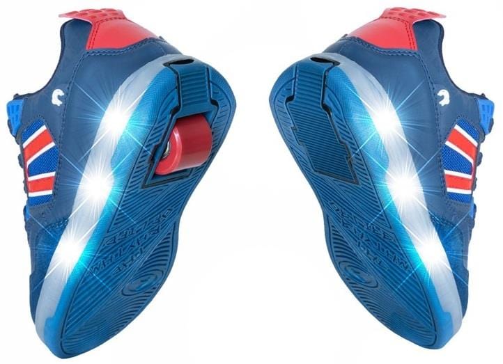 Two Breezy Rollers Light Beam Shoes in blue with red accents, white stripes, and light-up soles; one displays a retractable wheel in the heel, the other a flat sole—both highlight the signature Breezy Rollers design.