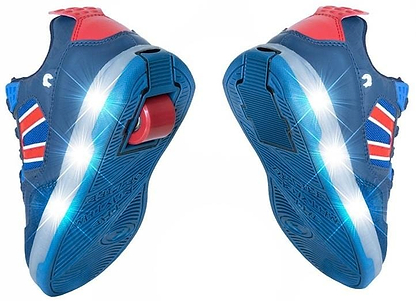 Two Breezy Rollers Light Beam Shoes in blue with red accents, white stripes, and light-up soles; one displays a retractable wheel in the heel, the other a flat sole—both highlight the signature Breezy Rollers design.