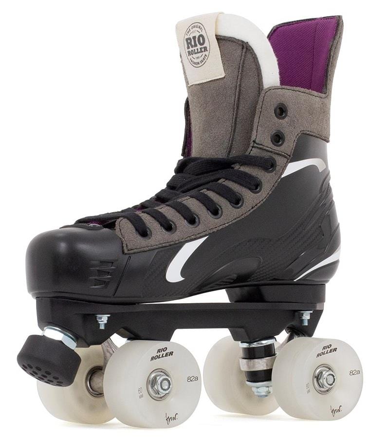 The Rio Roller Flow Hockey Quad Skates by Rio Roller showcase a sleek black and gray design with white wheels, purple interior accents, a high-top profile, black laces, and a distinctive branded patch on the tongue.