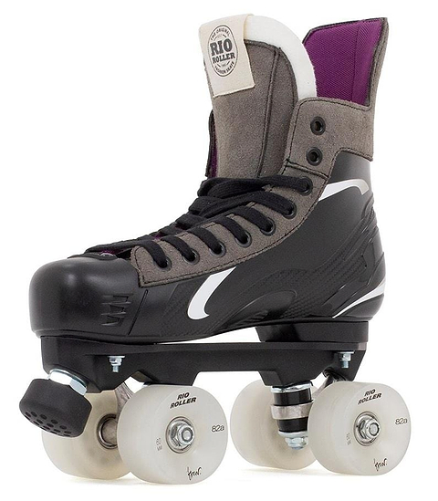 The Rio Roller Flow Hockey Quad Skates by Rio Roller showcase a sleek black and gray design with white wheels, purple interior accents, a high-top profile, black laces, and a distinctive branded patch on the tongue.