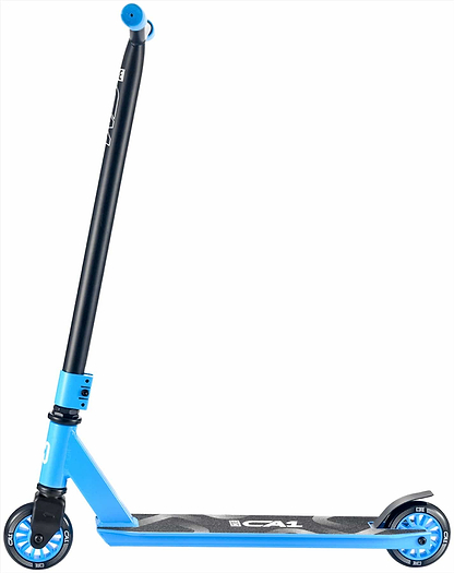 The CORE CA1 Beginner Complete Stunt Scooter by CORE features a blue deck, black handlebar, blue wheels, and black grip tape on the footboard, shown in side view against a white background.