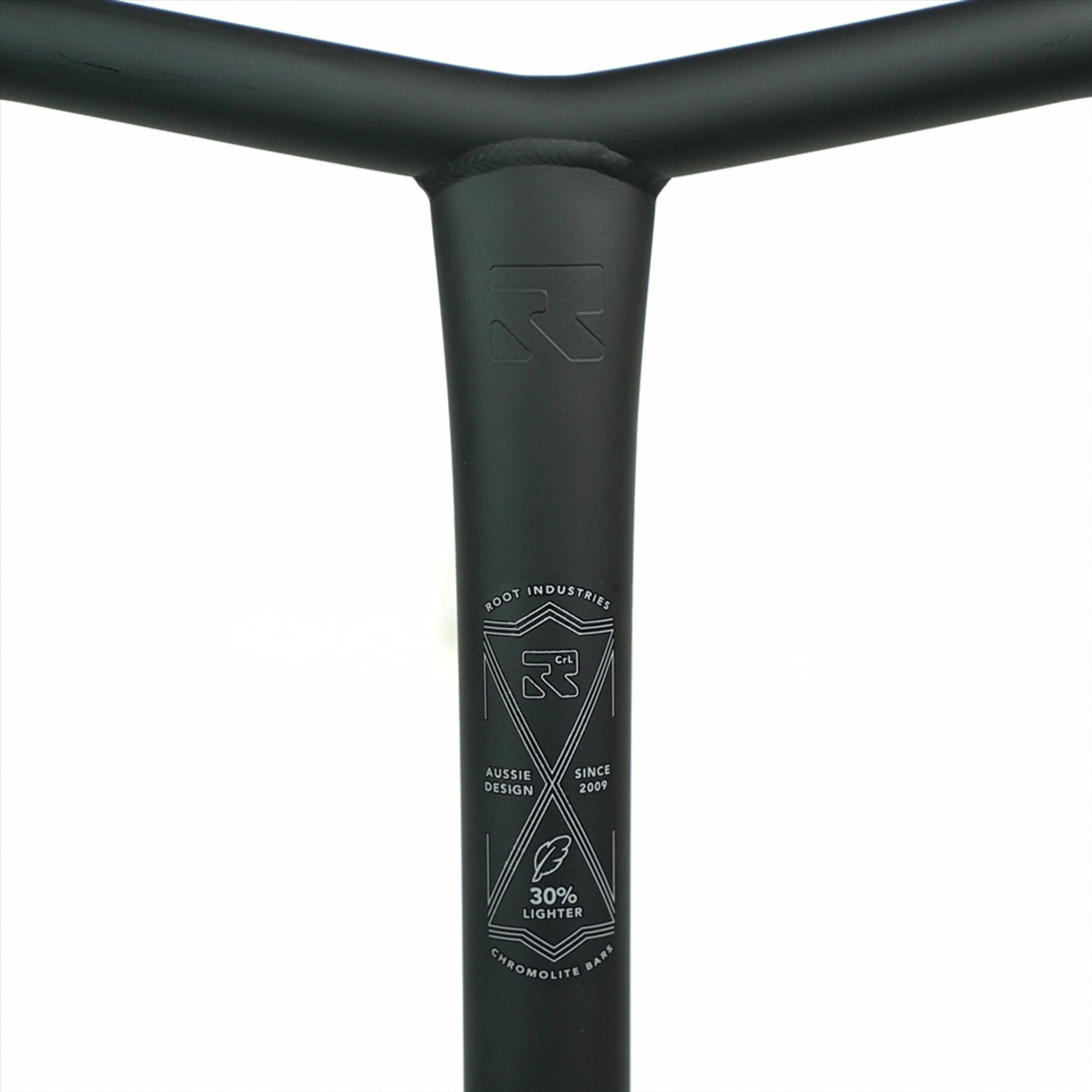 Close-up of a black scooter handlebar displaying the Root Industries logo at the top. Below, the text reads "Root Industries," "Aussie Design," "Since 2009," and "ChromoLite Steel Oversized HIC Stunt Scooter Bars." Renowned for being 30% lighter, these chromoly bars measure 620mm x 600mm. The background is white.
