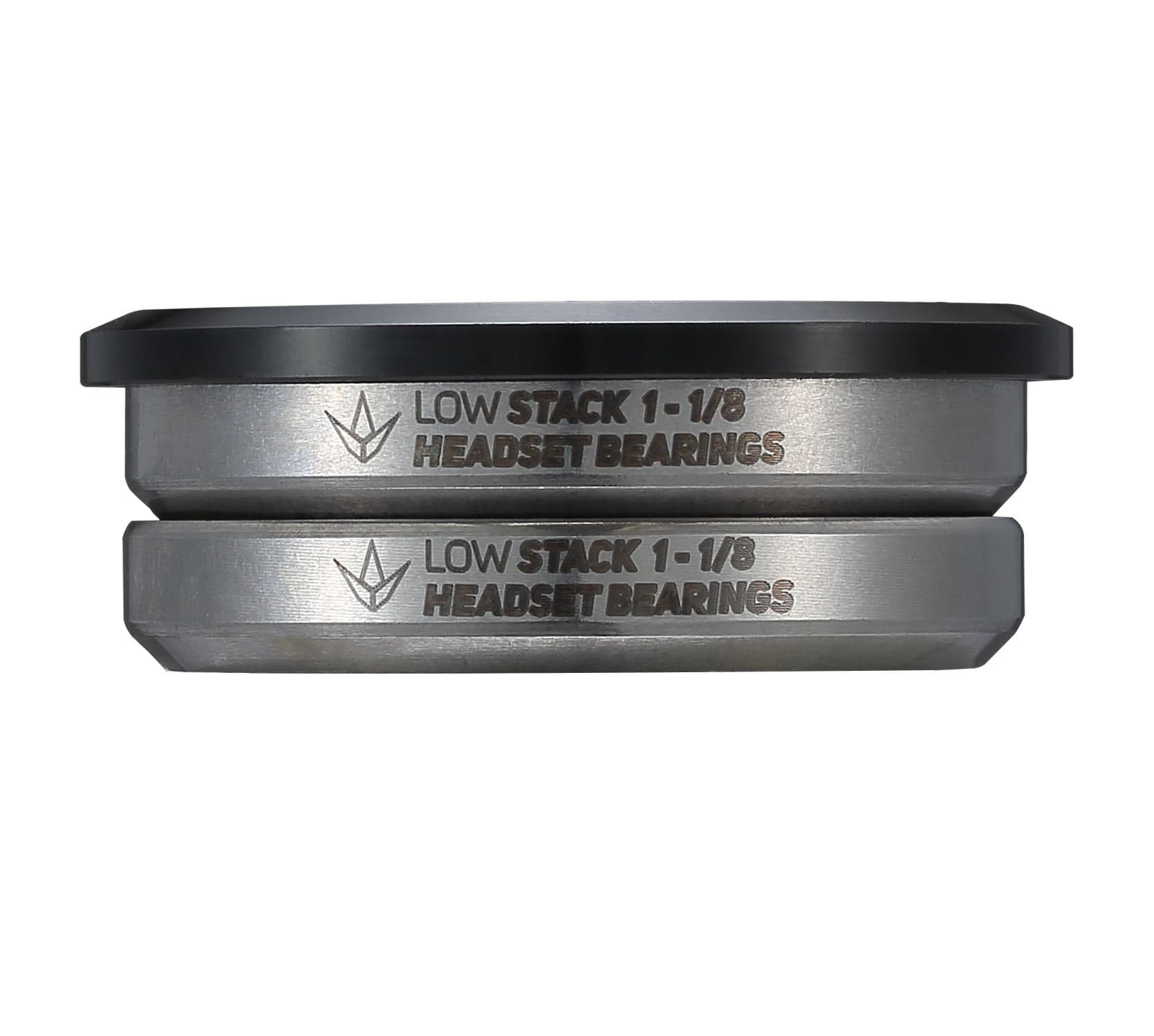 Two silver headset bearings with a minimalist design are stacked on top of each other. The top one is labeled "Blunt Envy Low Stack SCS Integrated Stunt Scooter Headset - Black," with the same text on the lower bearing. Both have a black top edge and feature sealed bearings perfect for SCS stunt scooters.