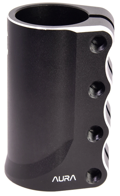 The CORE Aura 4 Bolt Oversized SCS Stunt Scooter Clamp in black features a smooth curved aluminium design with silver-edged accents and "AURA" branding—ideal for SCS stunt scooter setups.