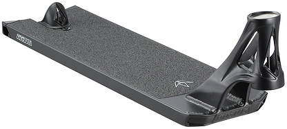A close-up of the Blunt Envy AOS V6 Squad Black Stunt Scooter Deck (6" x 22") with grip tape, integrated head tube, and cutout designs on the neck and rear brake area, displayed on a white background.