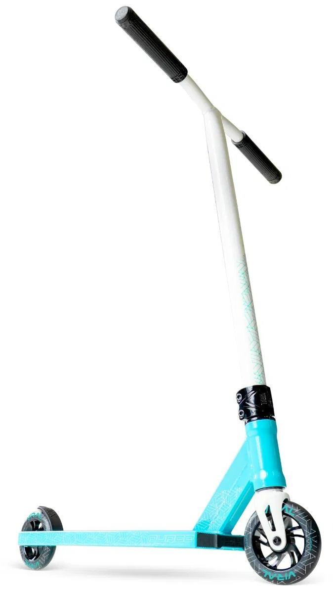 The Madd Gear Viral Purge Complete Stunt Scooter in aqua features black handlebar grips and two small wheels, shown at an angle on a white background.