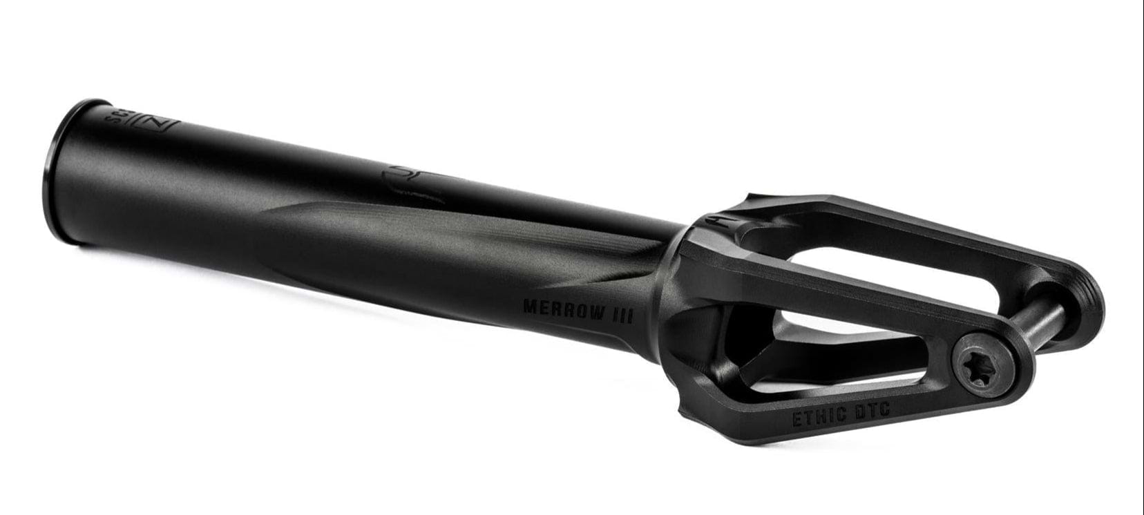 The Ethic DTC Merrow V3 SCS Stunt Scooter Fork in black, made from 7075 aluminium, features a cylindrical steerer tube and open geometric design with "MERROW III" and "ETHIC DTC" labels. Among the lightest forks, shown on a white background.