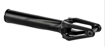 The Ethic DTC Merrow V3 SCS Stunt Scooter Fork in black, made from 7075 aluminium, features a cylindrical steerer tube and open geometric design with "MERROW III" and "ETHIC DTC" labels. Among the lightest forks, shown on a white background.
