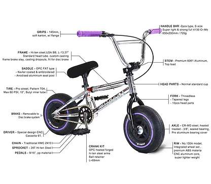 The Wildcat OG 3A Mini BMX Bike - Galaxy Purple features purple grips, PRO Street 65PSI tyres, CNC aluminium wheel rims, handlebars, and pedals—all detailed by material and size in the labeled diagram for a complete breakdown.